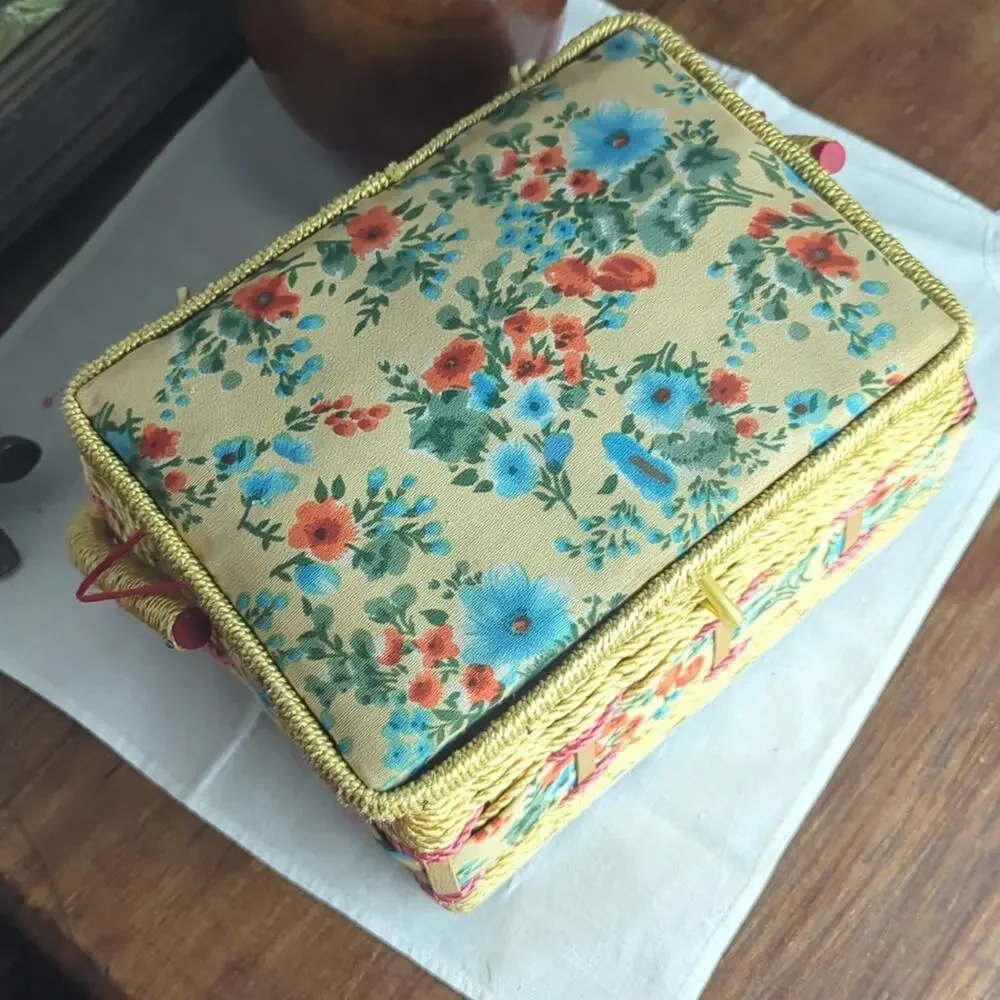 Vintage Wicker Sewing Basket Storage Box Floral | Granny Chic Cottagecore